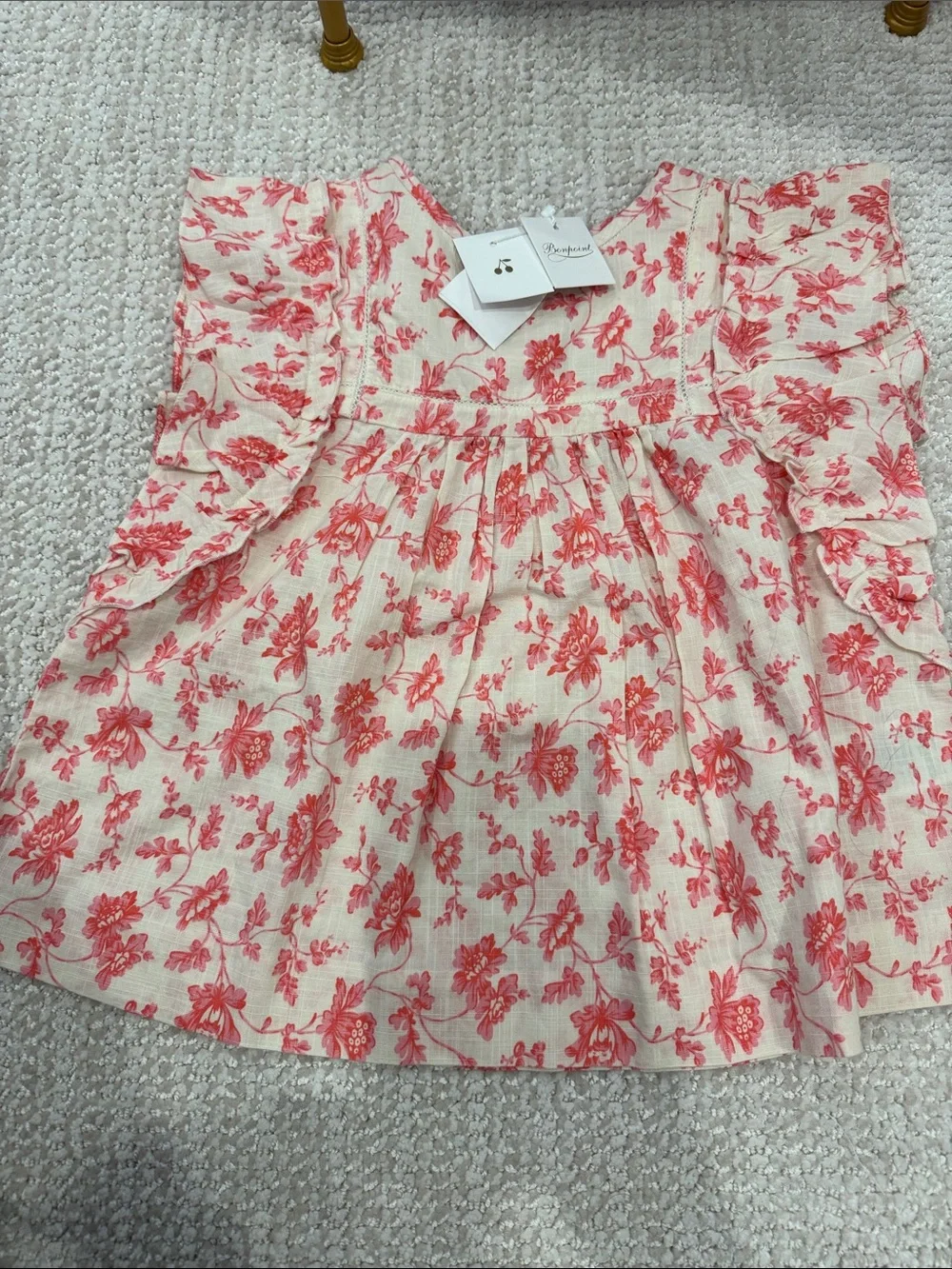 Bonpoint Girls Cream Floral Ruffle Summer blouse top - Pink Print